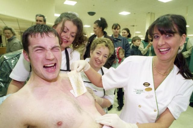 Asda worker Martin Longstaff was waxed for a fundraising event to raise money for the British Heart Foundation in February 1996. Who remembers this Peterlee scene?