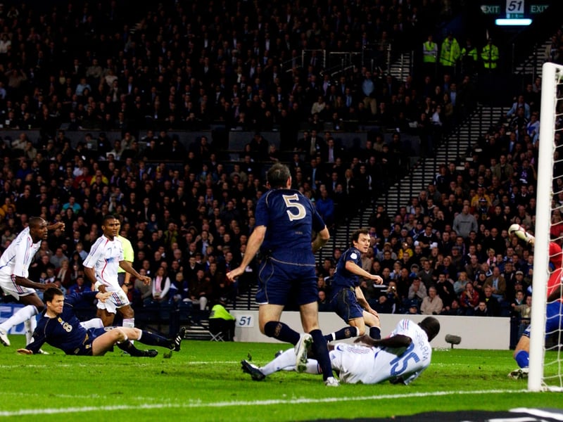 Beating France home and away during the Euro 2008 qualifiers ranks as one of Scotland's greatest feats. Here we see Gary Caldwell at the moment his goal went in at Hampden.