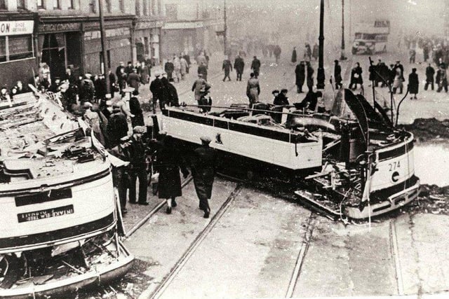A tram is split in two in The Wicker during the Sheffield Blitz in December 1940