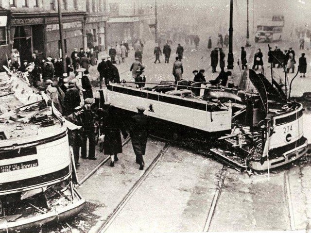 A tram is split in two in The Wicker during the Sheffield Blitz in December 1940