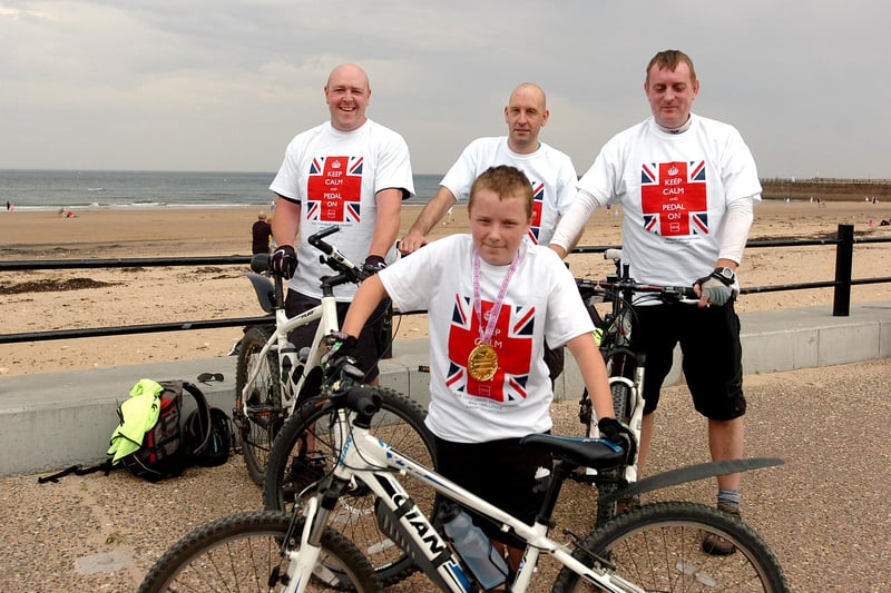 Pictured on the sea front at Roker in 2012 - after completing a cycle ride from Allenheads to Sunderland - were left to rright back row Andrew Lawton, Ian Craister and Stephen Hope with Alex Lawton (13) front. A total of 75 cyclists took part in an event organised by Springboard in aid of various charities.