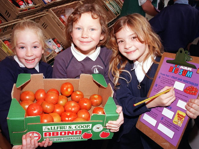 Lakeside Primary school pupils, from left, Josephine Bowerman, aged eight, Beth Hulme and Hannah Walker, both aged seven and a half, are pictured at the Asda store, Doncaster, taking part in the Asda Big Sum event.