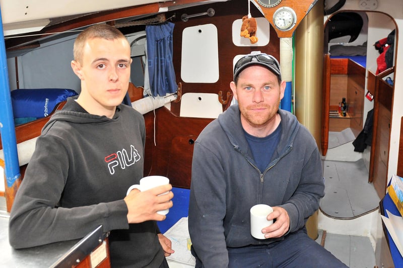 Skipper Calvyn Whitehand (right) was having a cup of tea with crew member John Havers-Smith when this 2012 photo was taken on board the tall ship Black Diamond.
