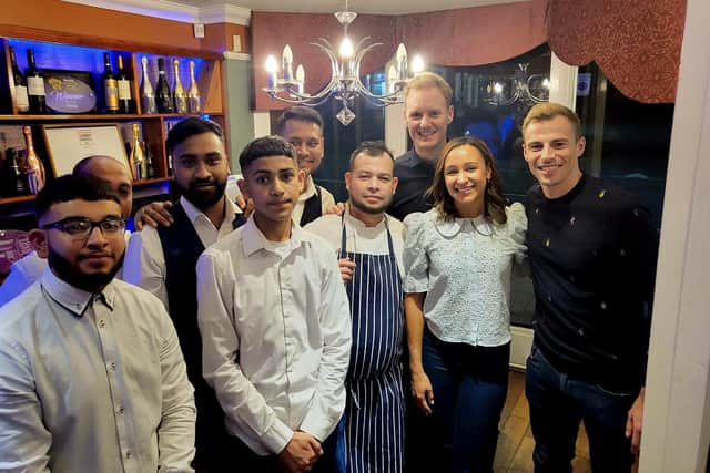 Dan Walker, Jessica Ennis-Hill and Nick Matthew, with Sobuj Miah, fourth from right, and the Prithi Raj team.