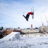 Red Bull skier Paddy Graham, who grew up in Sheffield and honed his skills at Sheffield Ski Village, performs a spectacular jump in his home city. Photo: Brodie Hood / Red Bull Content Pool