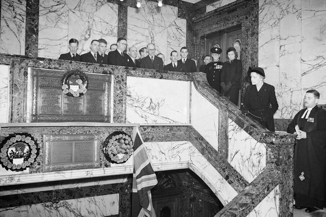 A memorial plaque to those who died in the two World Wars in unveiled on the marble staircase of The Scotsman offices by Lady Findlay in February 1951.