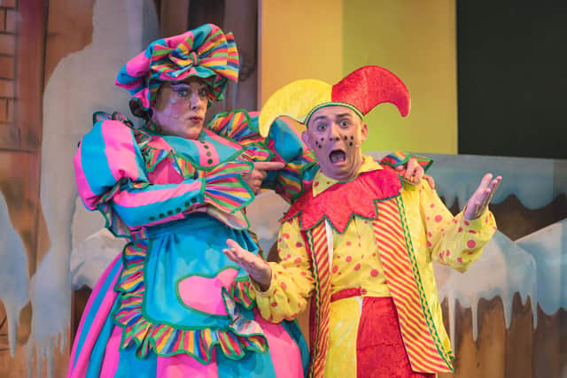 Comic duo Robert Spink as the Dame. Nurse Tickles, and James Smith (Muddles) in Manor Operatic pantomime Snow White at Sheffield City Hall