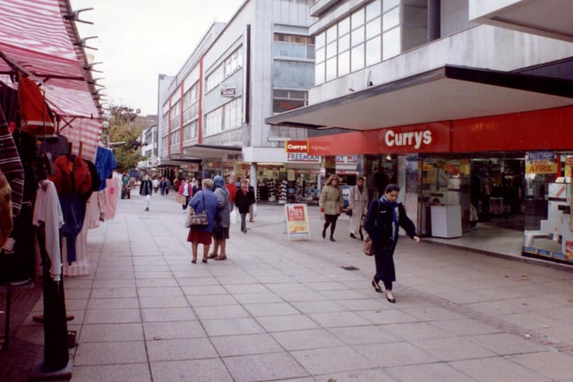 Currys electrical retailer had a store on The Moor, Sheffield, pictured here in October 1992.  Freeman Hardy Willis shoe shop can just be seen in the background