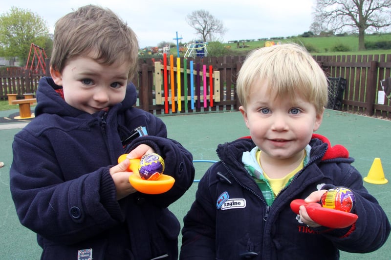 Chay Brown and Ashton Staley in Barlow Pre-School's Easter egg and spoon race in 2011.