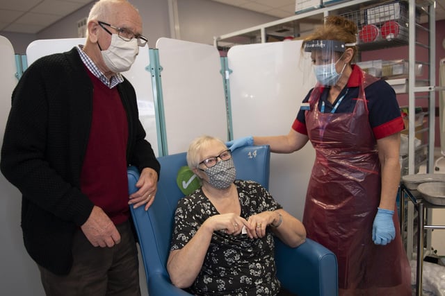 Patient Trixie Walker and husband Brian at the Northern General Hospital, Sheffield, as the first COVID Pfizer vaccinations are administered (Pooled picture by Andy Stenning-Daily Mirror)