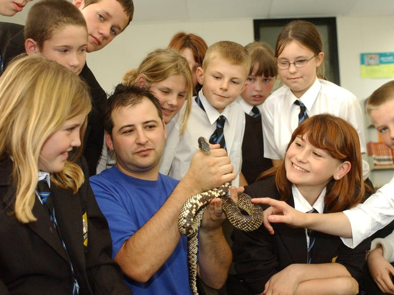 Martyn Pinto from Zoolab brought a pepper snake with him when he visited Boldon Comprehensive School in 2004.
