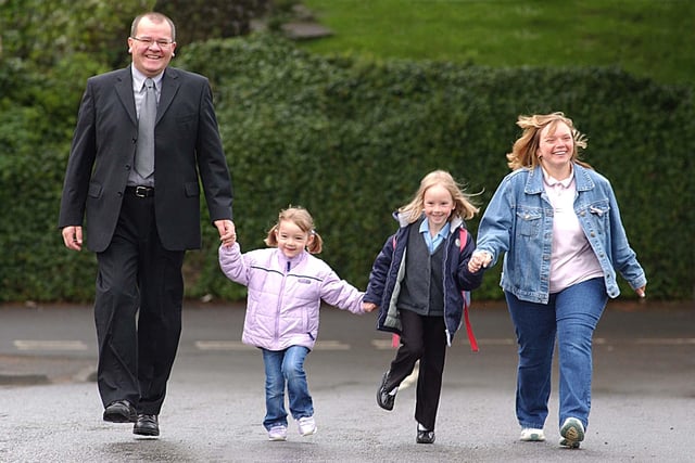 Hart Primary head teacher Steve Donnell was joined by Jordane Rawlings, her mum Shirley and sister Kelsea for this Walk To School Week photo in 2003.