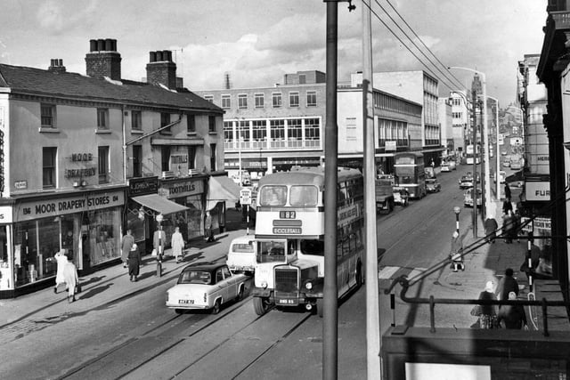 A bus pictured on The Moor, Sheffield, circa 1960