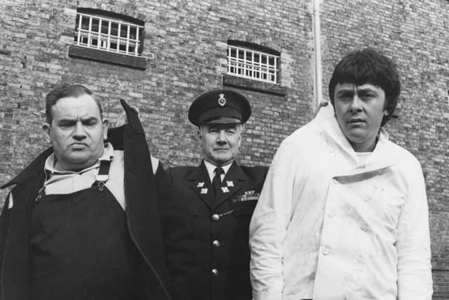 From left to right, Ronnie Barker (as Fletcher), Fulton MacKay (as Officer Mackay) and Richard Beckinsale (as Godber) during the filming of the television series 'Porridge' at Chelmsford Prison, 8th February 1979. (Photo by Keystone/Hulton Archive/Getty Images)