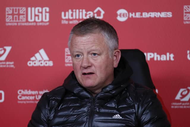Sheffield United manager Chris Wilder speaking during his press conference at the Steelphalt Academy, Sheffield: Simon Bellis/Sportimage