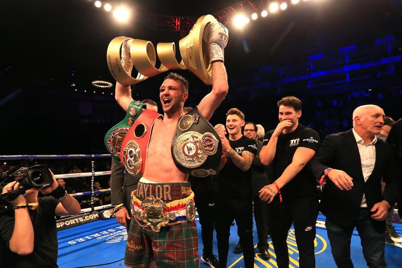 At London's O2 Arena, Josh Taylor scooped some of boxing's biggest prizes. His defeat of Regis Prograis after 12 energy-sapping rounds saw him add the WBA title to the IBF belt he won in Glasgow in May. The Prestonpans fighter also received the prestigious Ring Magazine belt and the Muhammad Ali Trophy as the winner of the World Boxing Super Series.