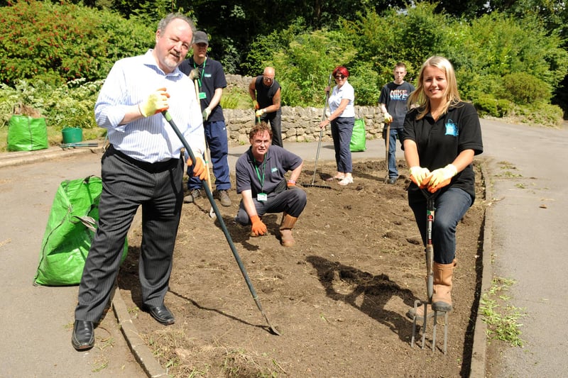 Coun Jim Foreman, left, lends a hand at Cleadon Park during Love Parks Week. Here he is with Green Exercise project officer Nicola Bruce, right, and volunteers 8 years ago.