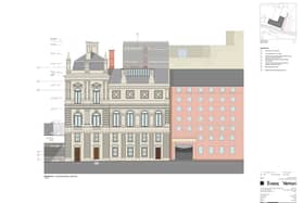 A drawing from architects Evans Vettori for the proposed conversion of Canada House in Commercial Street, Sheffield into Harmony Works children's music hub. This view shows the five-storey tower to be built in the rear courtyard behind the old build