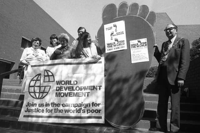 Hartlepool Mayor Bob Barnfather was showing his support for a 'Walk for the World' event on the Civic Centre steps in 1987.