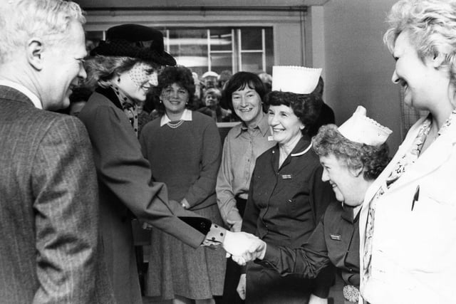 Diana, Princess of Wales chats to hospital staff at Jessop Hospital, Sheffield on April 8, 1986