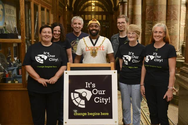 Where it all started: Sheffield community group It's Our City (pictured Fran Grace, Sue Kondakor, Andrew Kondakor, Ruth Hubbard and Shelley Cockayne) are joined by Lord Mayor Magid Magid at the launch their petition to force a referendum on how decisions are made by the council. Picture Scott Merrylees