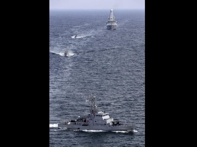 HMS Dragon conducts maritime manoeuvres with a Ukrainian Navy Flotilla in the Black Sea off the coast of Odessa.