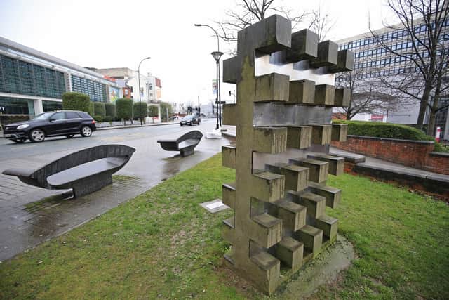 Sheffield's 'hidden' public art. Sheen - sandstone and stainless steel grid at the top of Howard Street, dedicated to Sheffield-born comedian Marti Caine. Picture: Chris Etchells