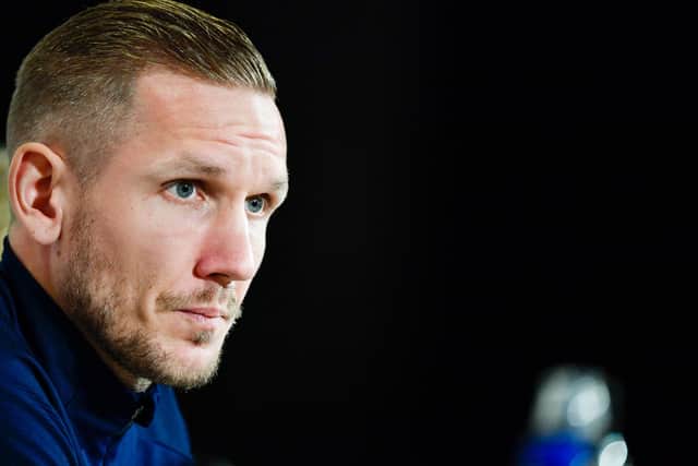 Sweden and Sheffield United goalkeeper Robin Olsen attends a press conference   (Photo by PONTUS LUNDAHL/TT News Agency/AFP via Getty Images)