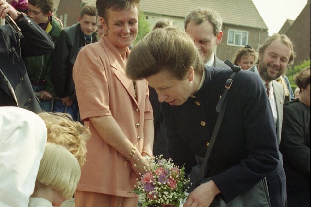 Six year old Lindsay Watson was pictured with Princess Anne after presenting a bouquet to her in Pennywell in April 1993.