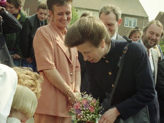 Six year old Lindsay Watson was pictured with Princess Anne after presenting a bouquet to her in Pennywell in April 1993.