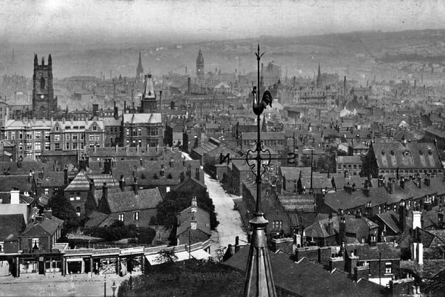 Picture shows the Shefffield skyline in the early 20th century, with the town hall and cathedrall visible