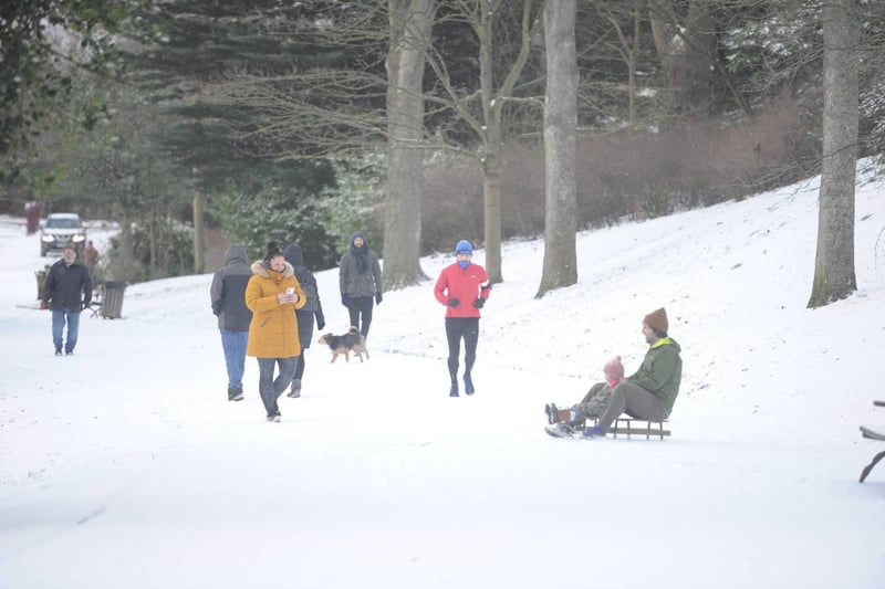 People headed to Barnes Park to sledge, run and walk in the snow.