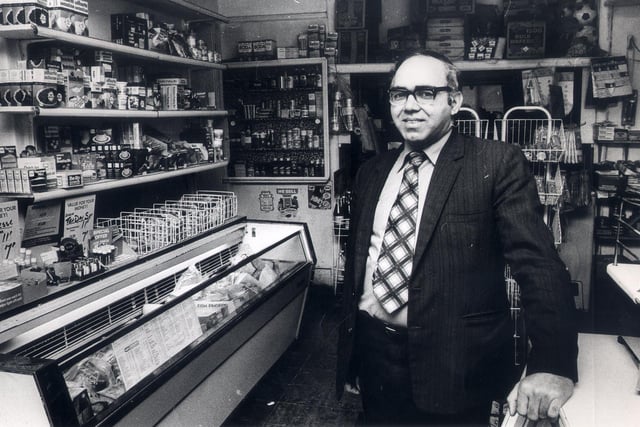 Sadiq Malik owner of  corner shop in Glen Road, Nether Edge in 1976