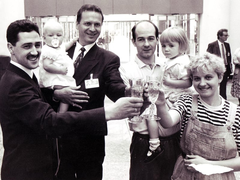 A toast to the 1 millionth customer to go into Meadowhall - Karen Hurd and family received a £1,000 cheque on September 14, 1990