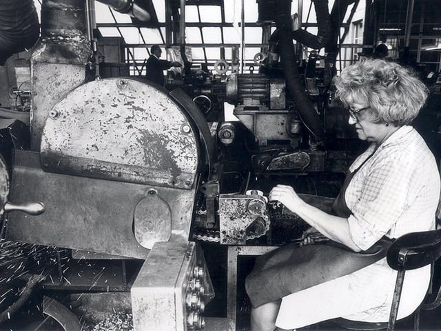 Mrs Elsie Stones, a copy repoint machinist, at work in the roll forge department of Sheffield Twist Drill and Steel Co Ltd, August 19, 1976.