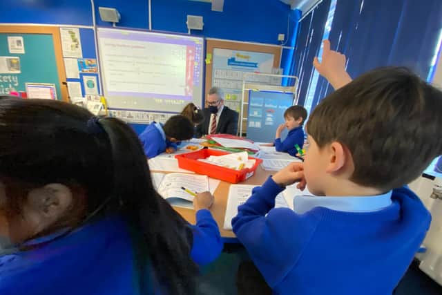 St Wilfrid's Primary School Executive Headteacher Andrew Truby with the pupils.