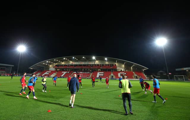 General view inside the stadium during the warm up prior to the Sky Bet League One match between Fleetwood Town and Sunderland at Highbury Stadium.