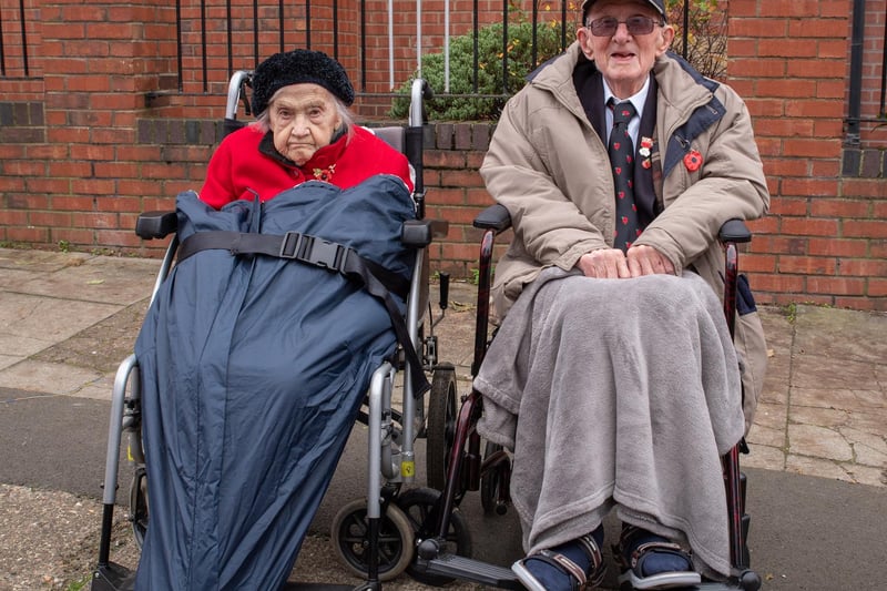 Sylvia Phillips, aged 103, and Maurice Pattisson, aged 102, at the Remembrance Sunday commemorations in South Shields. Picture by  Fiona Nicholl of Purple Pomegranate Photography Studios.