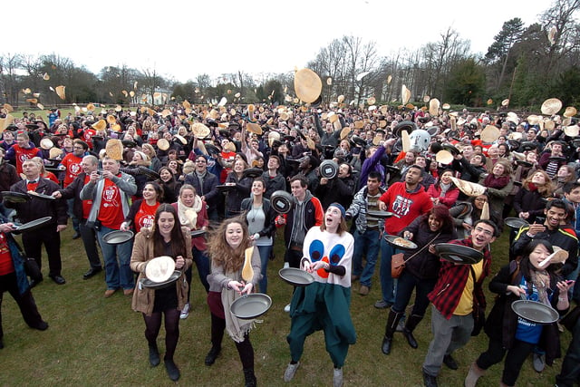 Sheffield Univesity's Guiness World record attempt on the Big Flip, pancake tossing, held at The Paddock, Encliffe Village, Sheffield in 2012