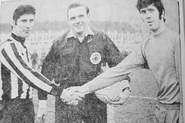 Burntisland Shipyard's hopes of reaching the third round of the 1972 Scottish Cup ended with a defeat at the hands of Elgin City.
Pictured before kick-off are Shippy skipper, Jim Thomson, with his City counterpart, Ally Shewan.
The referee is Jim McKee if Kirkintilloch.