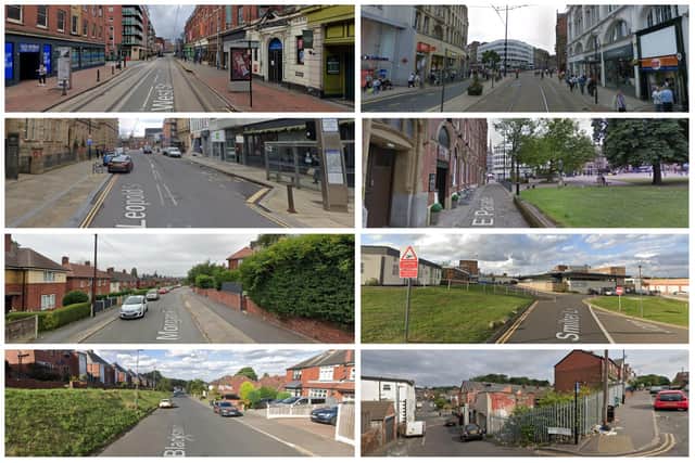 Pictured are eight of the Sheffield streets where the highest number of reported violence and sexual offences are alleged to have occurred in October 2022, according to police data