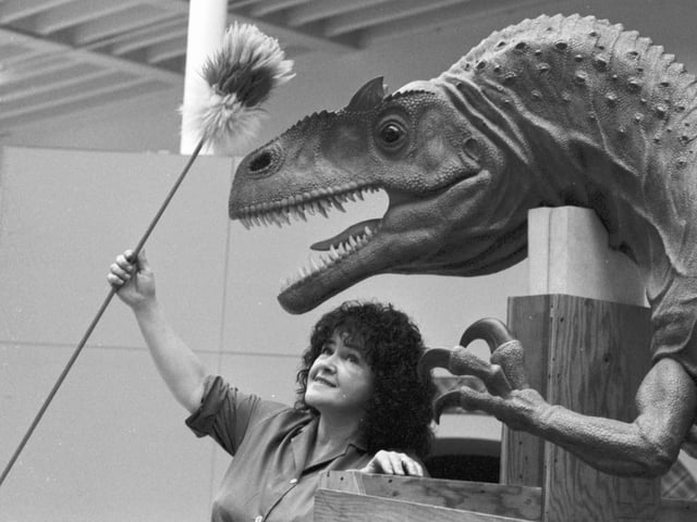 The City Art Centre wasn't the only place taking an interest in dinos in 1990. Cleaner Ann Flucker gives 'Big Al' a touch-up before the 'Dinosaurs Past and Present' exhibition at the Royal Museum of Scotland in Chambers Street, January 1990.
