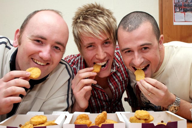 Children in Need fundraiser at Blundells - Chicken Nugget challenge Andy Gray, Chris Woolley and Andy fisher pictured in 2009