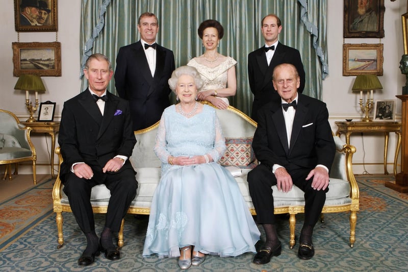 The Queen and Prince Philip are pictured at Clarence House with Prince Charles, Prince Edward, Princess Anne and Prince Andrew ahead of the pair's diamond wedding anniversary in  2007. (Photo: Tim Graham/AFP/Getty Images)
