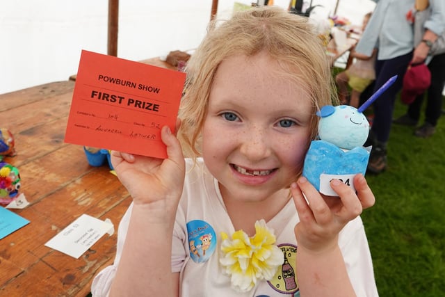 Annabell Latimer with her winning decorated egg at Powburn Show 2019.