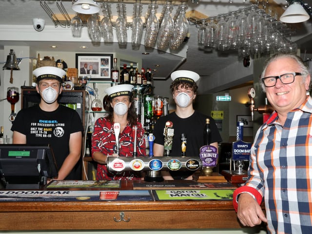 Landlord Ross McInally, right, and then from left, Sean Cleary, Dawn Haynes-Sewell and Jamie Cato. Picture: Chris Moorhouse (040720-20)