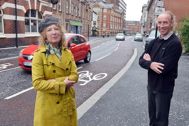 New paint and old parking bays. Green councillors Ruth Merserau and Douglas Johnson complain about expensive new bike lane on Trippet Lane.