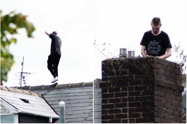 Jamie Stone, 33, brought Chesterfield Road to a halt when he stood on the roof of the Victorian terraced houses for 12 hours. Photos by Chris of Barton Chase Photography.