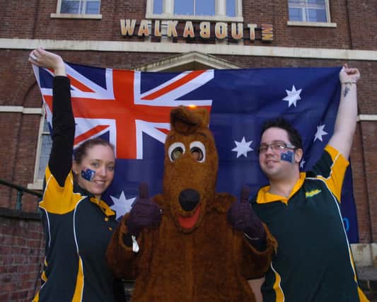 Skippy was joined by staff members Casey Asham and Nathan Francis outside the Walkabout bar on Carver Street, to celebrate Australia Day