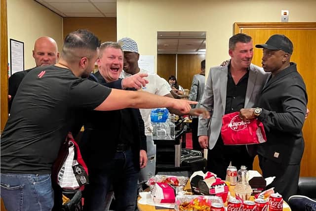 Boxing greats Frank Bruno, Nigel Benn, Joe Calzaghe and Ricky Hatton sample food from 'Britain's best' takeaway Munchies, on London Road, Sheffield, during a show in the city
